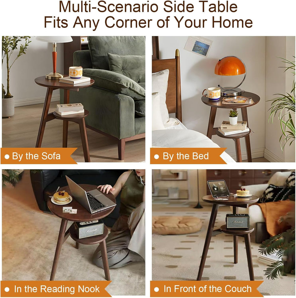 Side Table, Small Round End Table with 2-Tier Shelf, Solid Wood Nightstand fo...