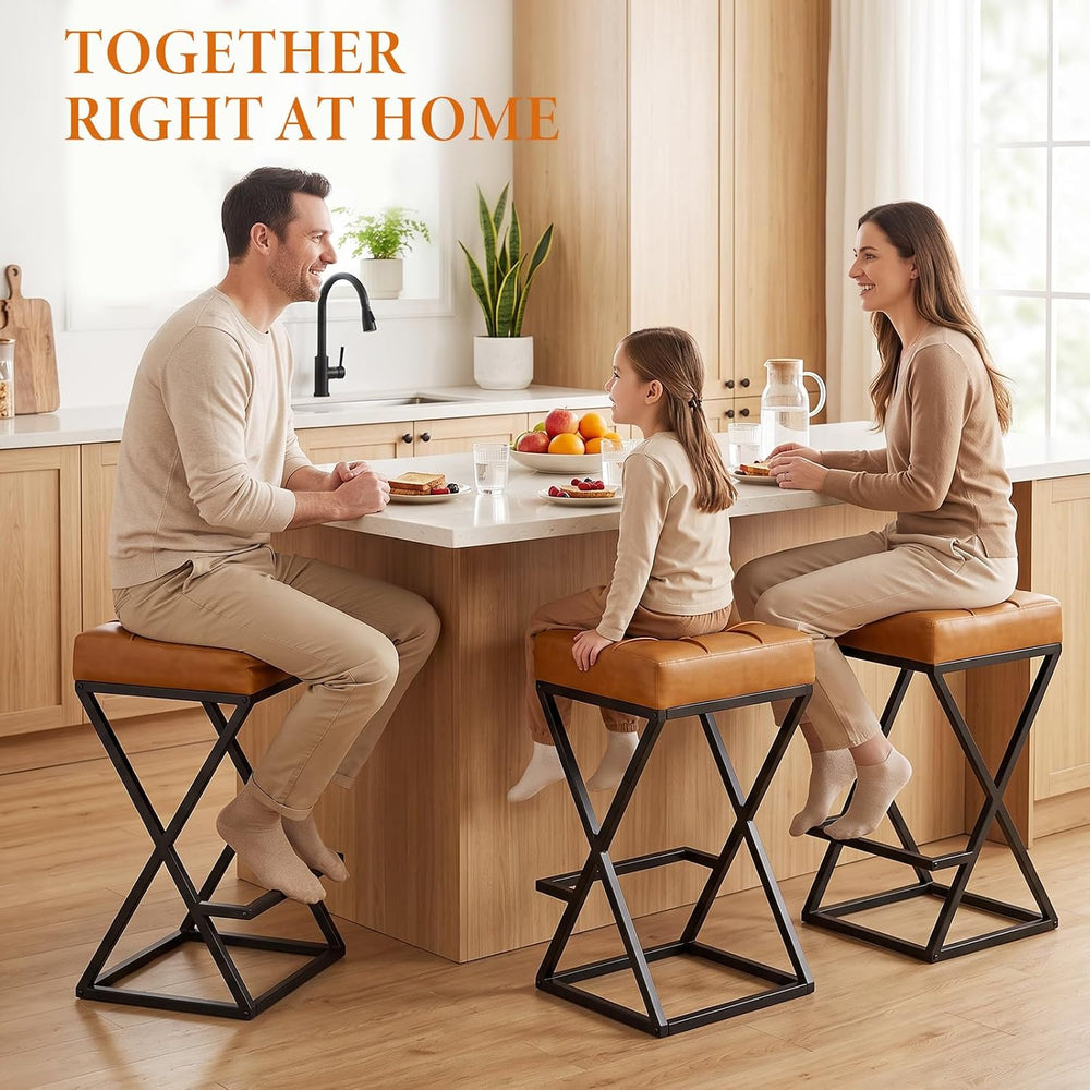 Bar Stools Set of 3, 26 Inch Counter Height Stool Faux Leather Brown