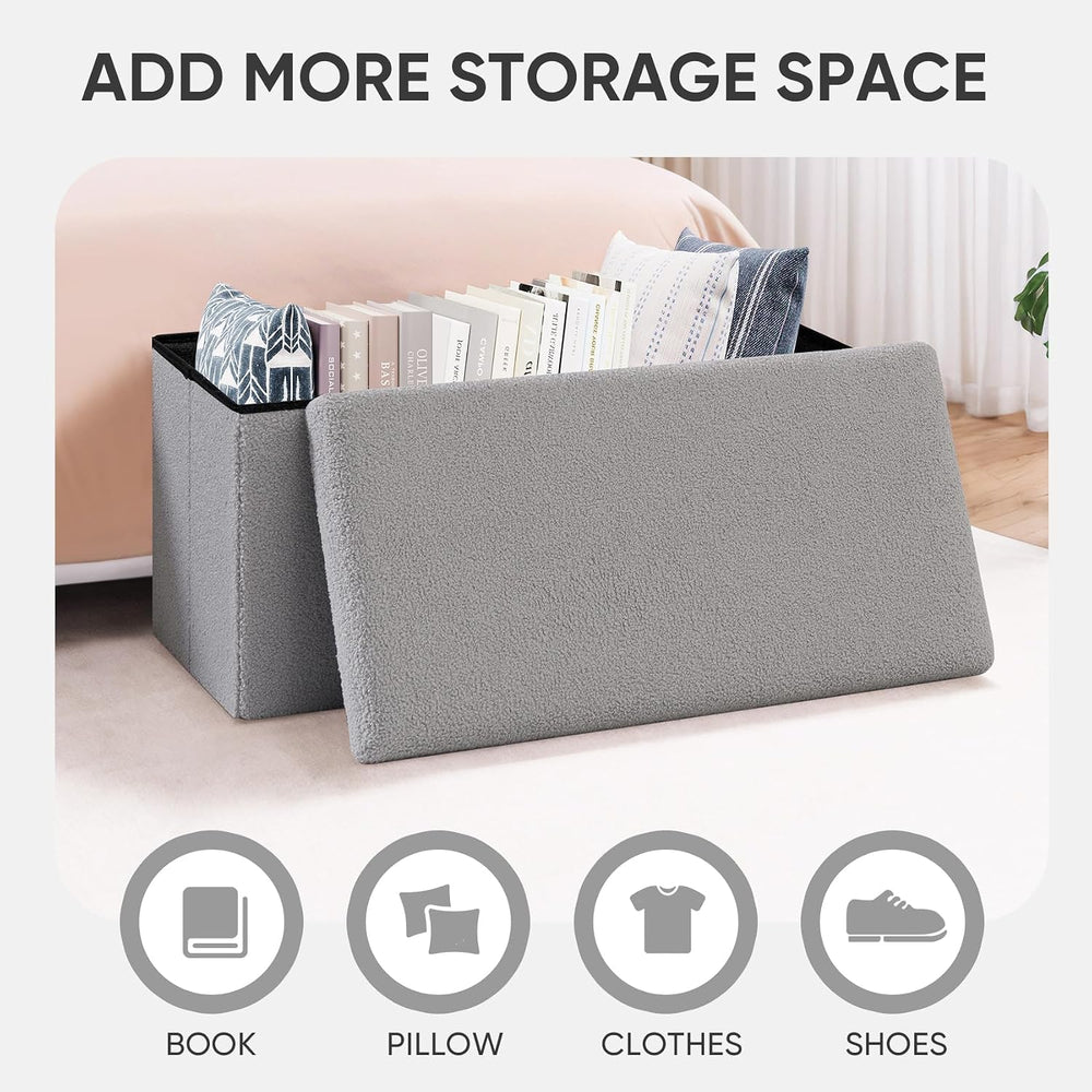 PINPLUS Folding Storage Ottoman Bench, Sherpa Ottoman with Storage, Large Lon...