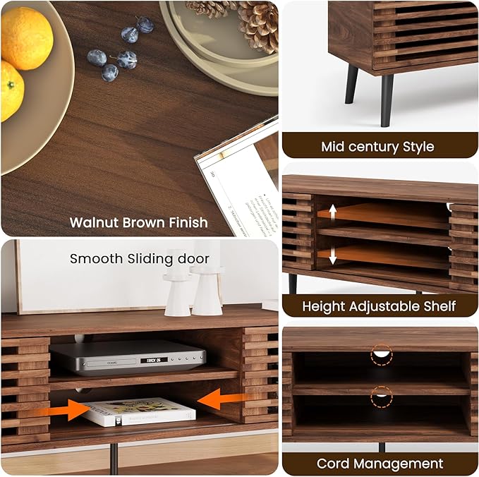HAIOOU Mid Century Modern TV Stand, 52" Wooden TV Console with Slatted S...