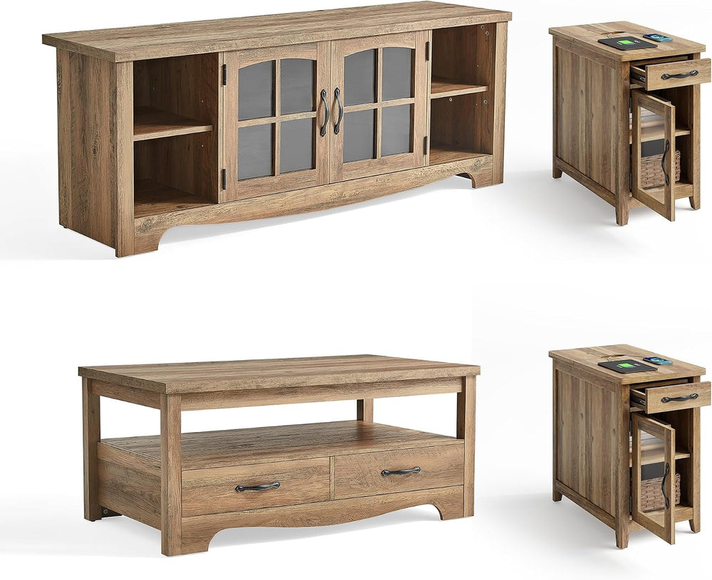 LINSY HOME Living Room Table Sets 4 Piece with TV Stand, Farmhouse TV Stand f...