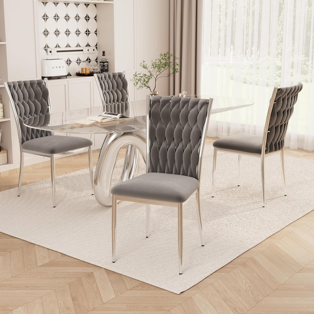 Velvet Dining Chairs Set of 4, Modern Upholstered Kitchen Chairs with Silver ...