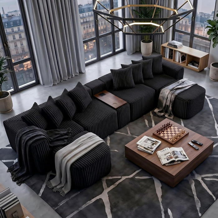 137'' U Shaped Boneless Sectional Couches with USB & Wireless Charge Black
