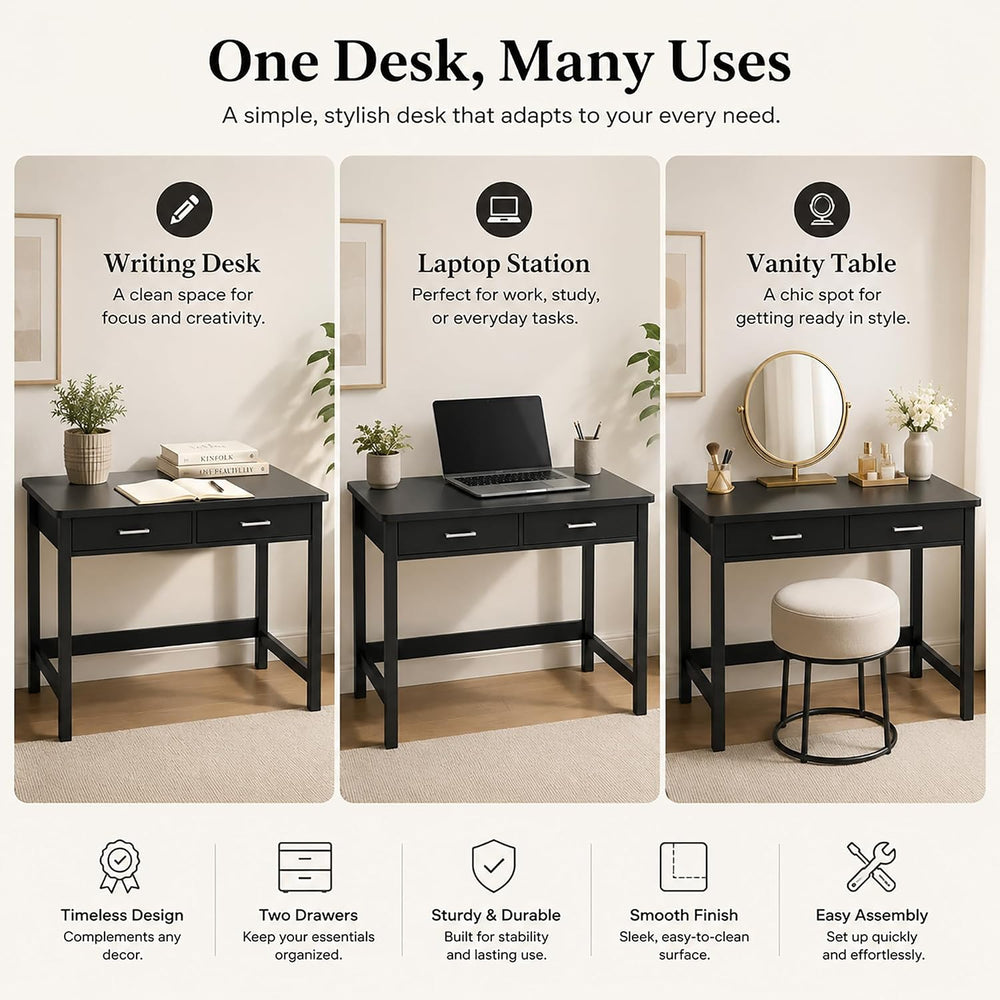 4NM 39.4" Small Desk with Wood Drawers, Home Office Computer Desk with W...
