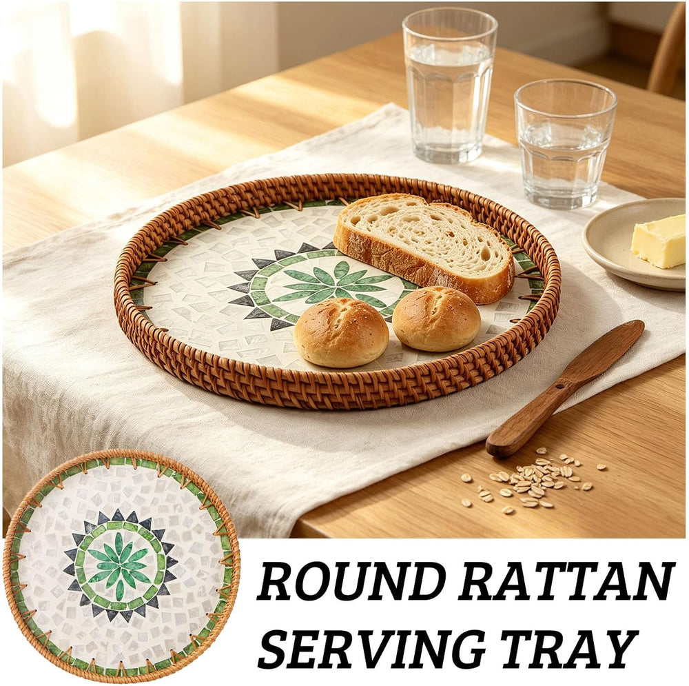 Round Rattan Tray with Mother of Pearl Inlay, Wooden Base