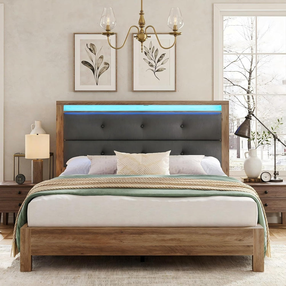 EnHomee King Size Bed Frame with Upholstered Storage Headboard,Grey