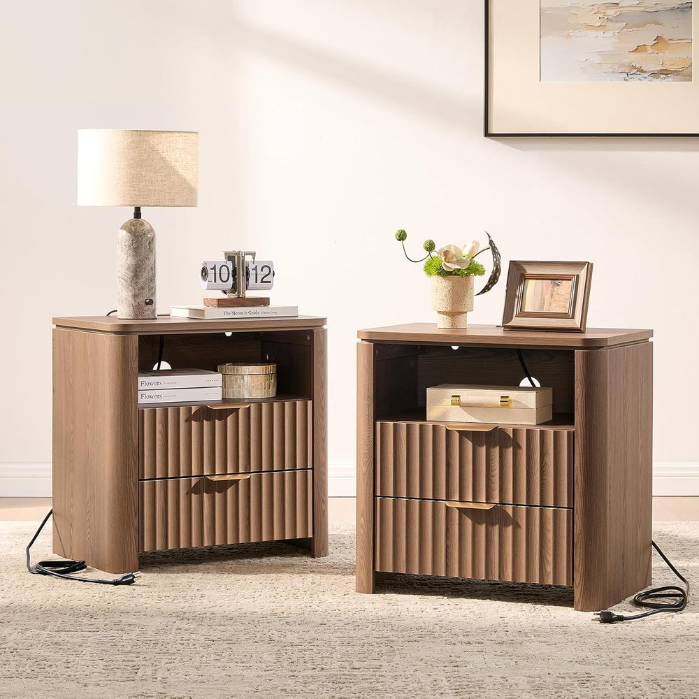Night Stands Set of 2,Fluted Nightstands with Charging Station- Modern 2 Draw...