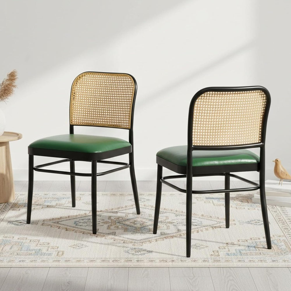 Rattan Dining Chairs Set of 4, Mid-Century Modern, Green | Cane Back Design, ...