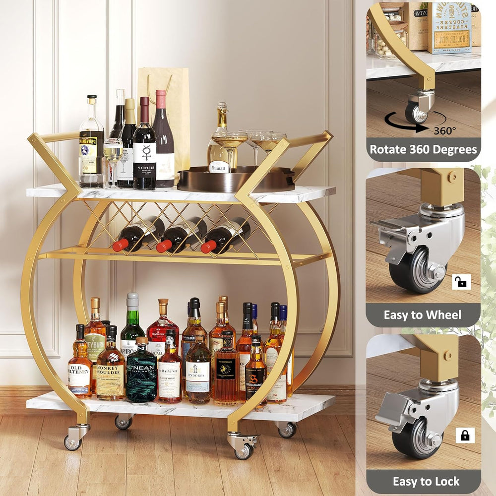 LVB Gold Bar Cart with Wheels, Modern White Marble Home Bar Serving Cart | Dr...