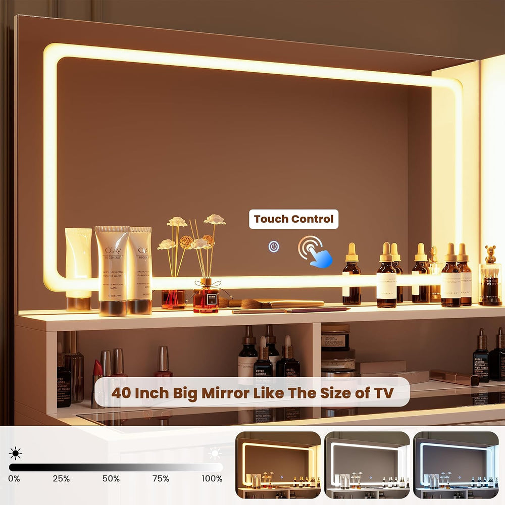 HAIOOU Fluted Makeup Vanity Desk with Mirror and Lights & Charging Statio...