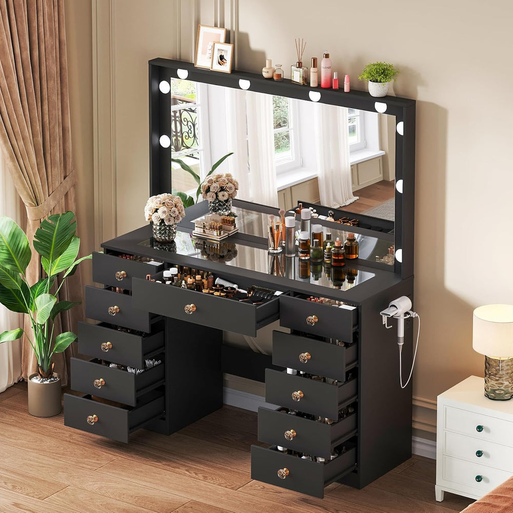 Vanity with Large Mirror and 10 LED Lights, Vanity Desk with Glasss Top, Make...