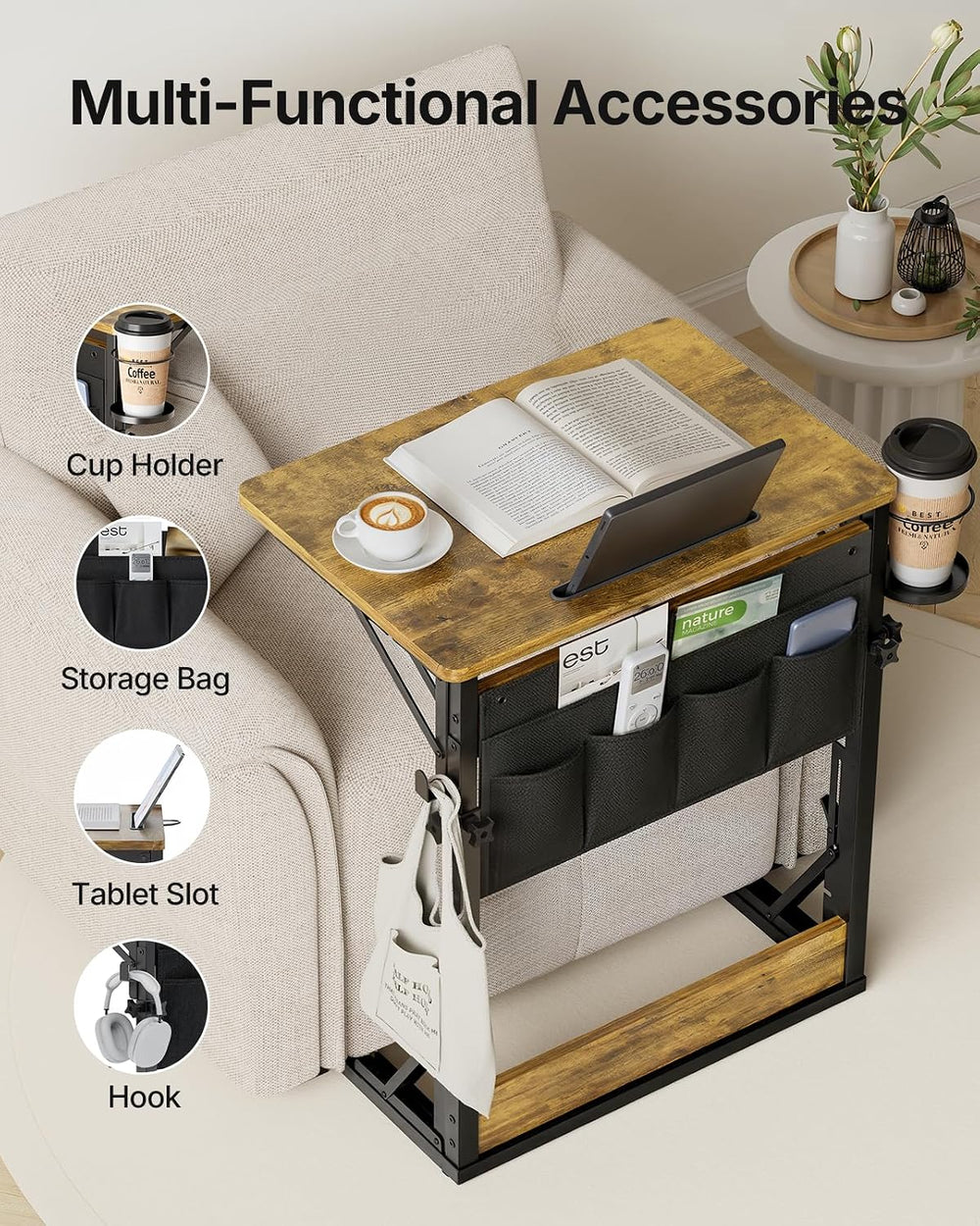 HUANUO Adjustable TV Tray Table with Cup Holder, Storage Bag & Tablet Slot