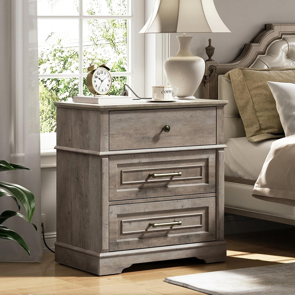 RALGEND 3 Drawer Tall Nightstand with Charging Station, Farmhouse Bedside Tab...