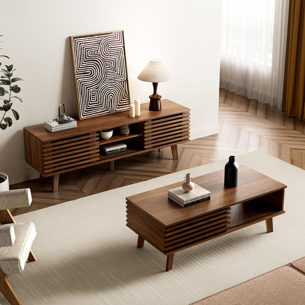 Furniway Living Room Table Sets of 2, Mid Century Coffee Table and TV Stand, ...