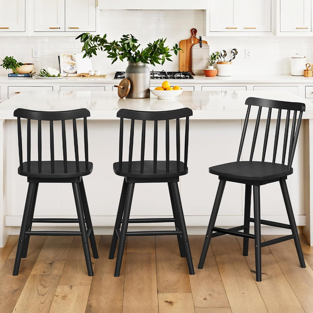 LUE BONA 360° Swivel Bar Stools Set of 3, Black Windsor Barstools, Counter He...