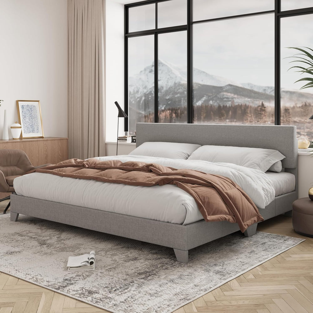 Allewie King Size Upholstered Bed Frame Adjustable Headboard, Light Grey