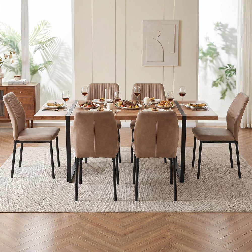 Dining Chairs Set of 6, Beige PU Leather Dining Chairs, Comfortable Upholster...