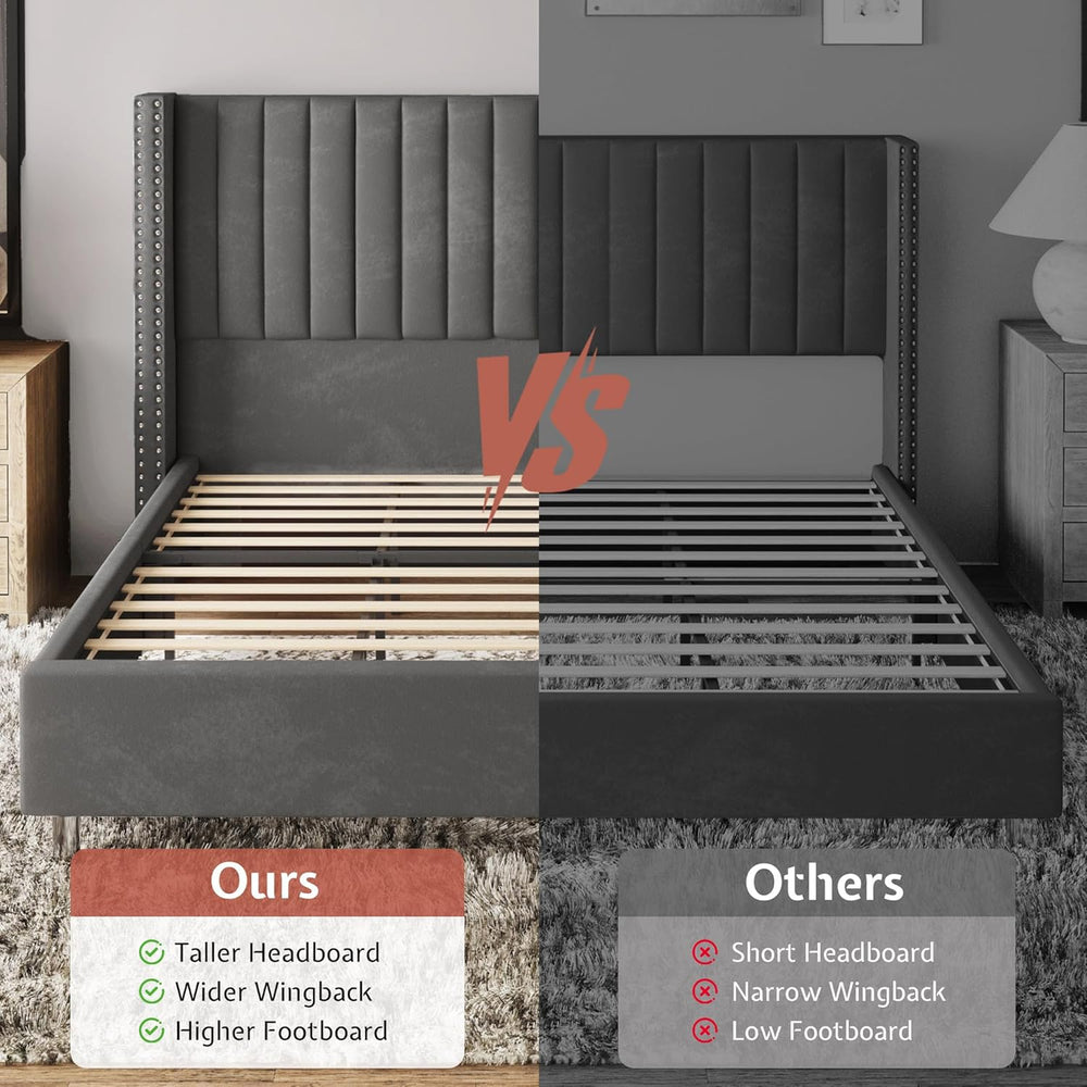Jocisland King Size Bed Frame Velvet Upholstered Wingback Headboard, Grey