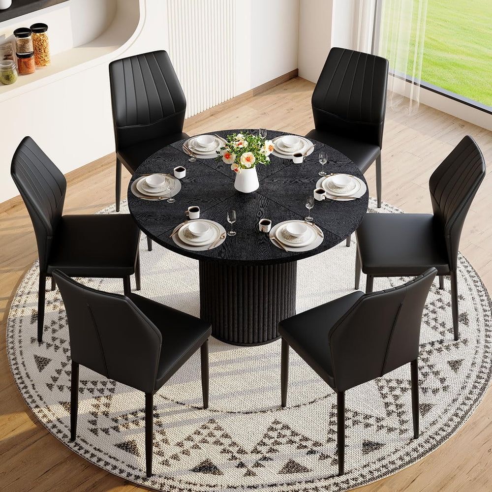 Round Dining Table Set for 6, Black Kitchen Table Set for 6 with 42''...