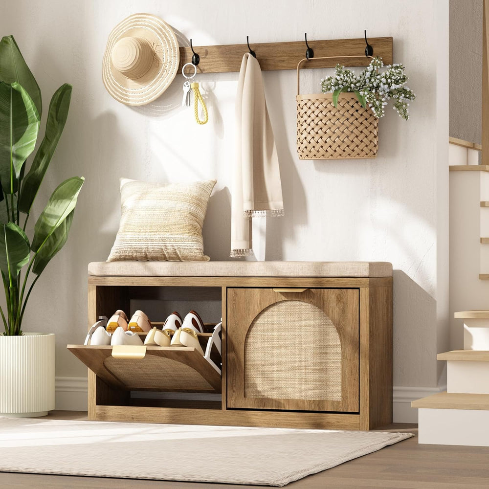 Rattan Narrow Entryway Bench with Shoe Storage, 2 Flip Drawers & Coat Rac...