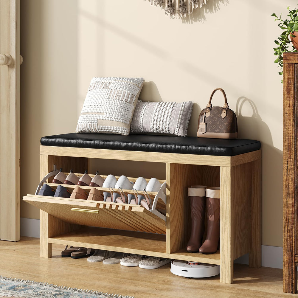 UNIQUITE 40" Shoe Storage Bench with Flip Drawers & Padded Seat Cush...