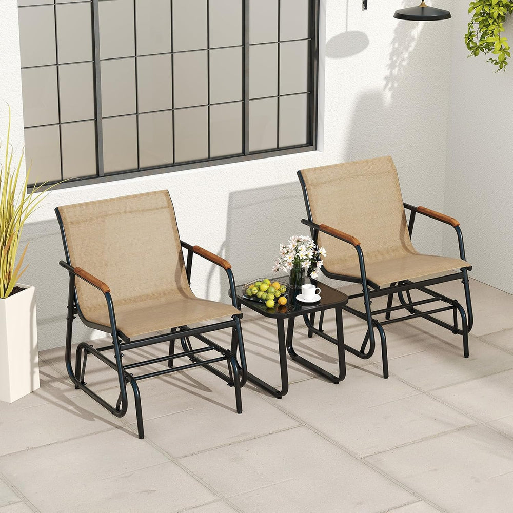 Tangkula 3 Piece Patio Bistro Glider Set, 2 Rocking Chairs w/Tempered Glass S...