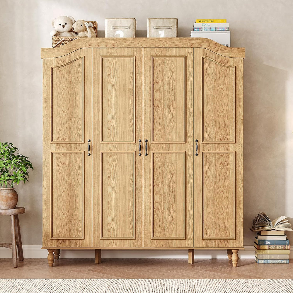 71" H Arched Armoire Wardrobe Closet with 4 Doors, Wooden, Natural