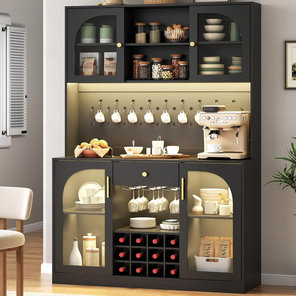 72'' Large Kitchen Pantry Cabinet with LED Light, Black Kitchen Hutch...