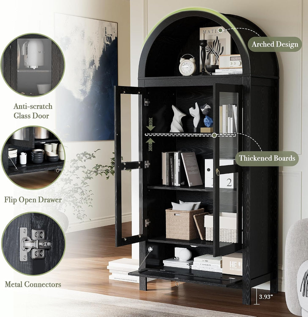 71” Tall Arched Kitchen Pantry Cabinet, Hutch Storage, Black