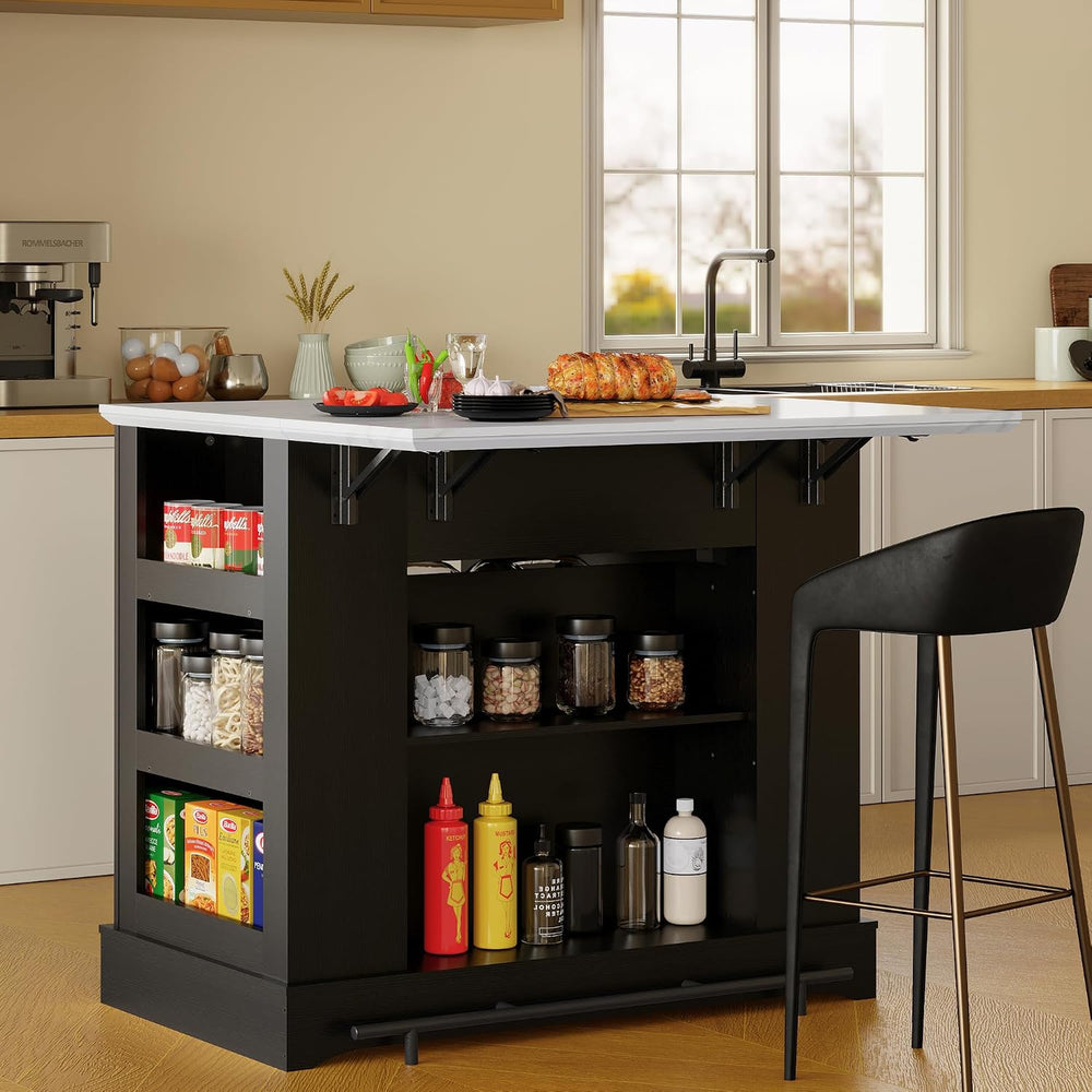 FUSUNBAO Large Kitchen Island with Storage, Drop Leaf & Outlet,Black | Po...