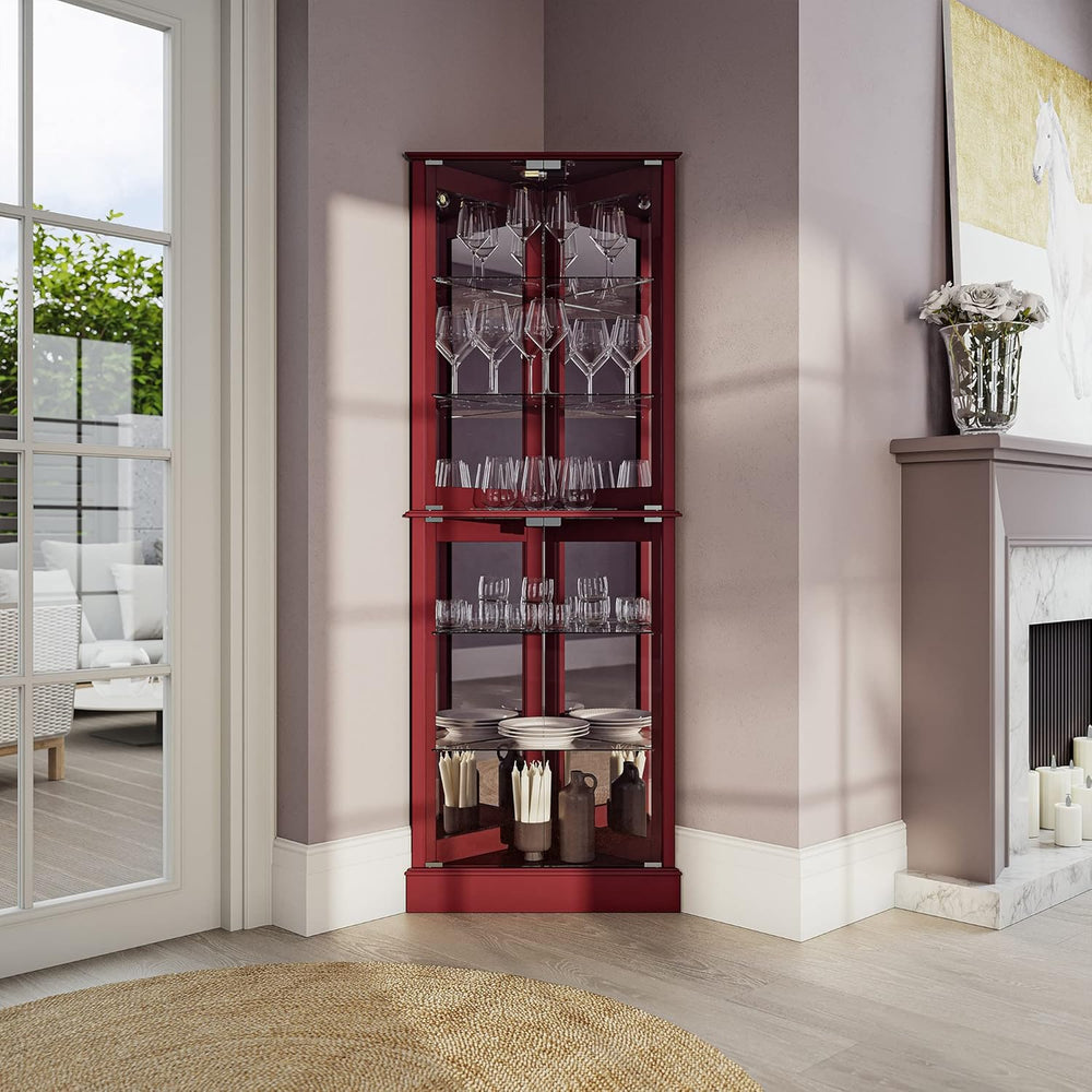BELLEZE Lighted Corner Display Curio Cabinet Wooden Shelving Unit with Temper...