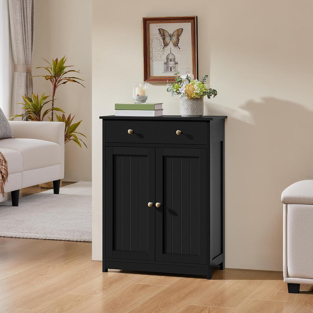 Yaheetech Black Slatted Bathroom Storage Cabinet with Drawer & Double Doors