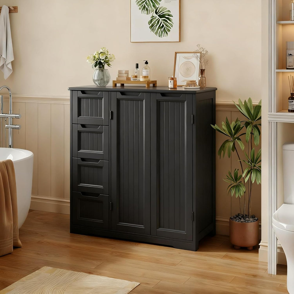 Gizoon Wooden Bathroom Floor Cabinet, Side Storage Organizer Cabinet with 4 D...