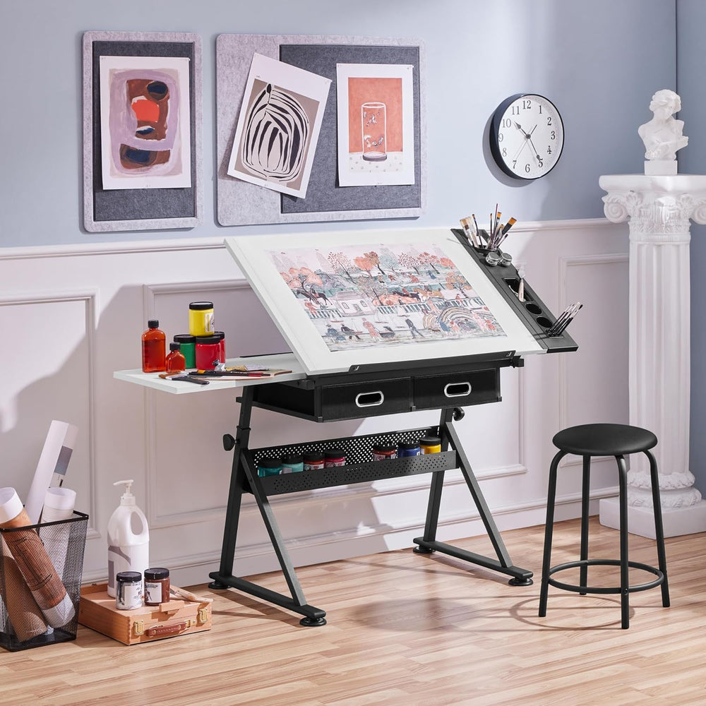 Yaheetech Adjustable Drafting Table Art Desk,Storage Drawers & Stool,Whit...