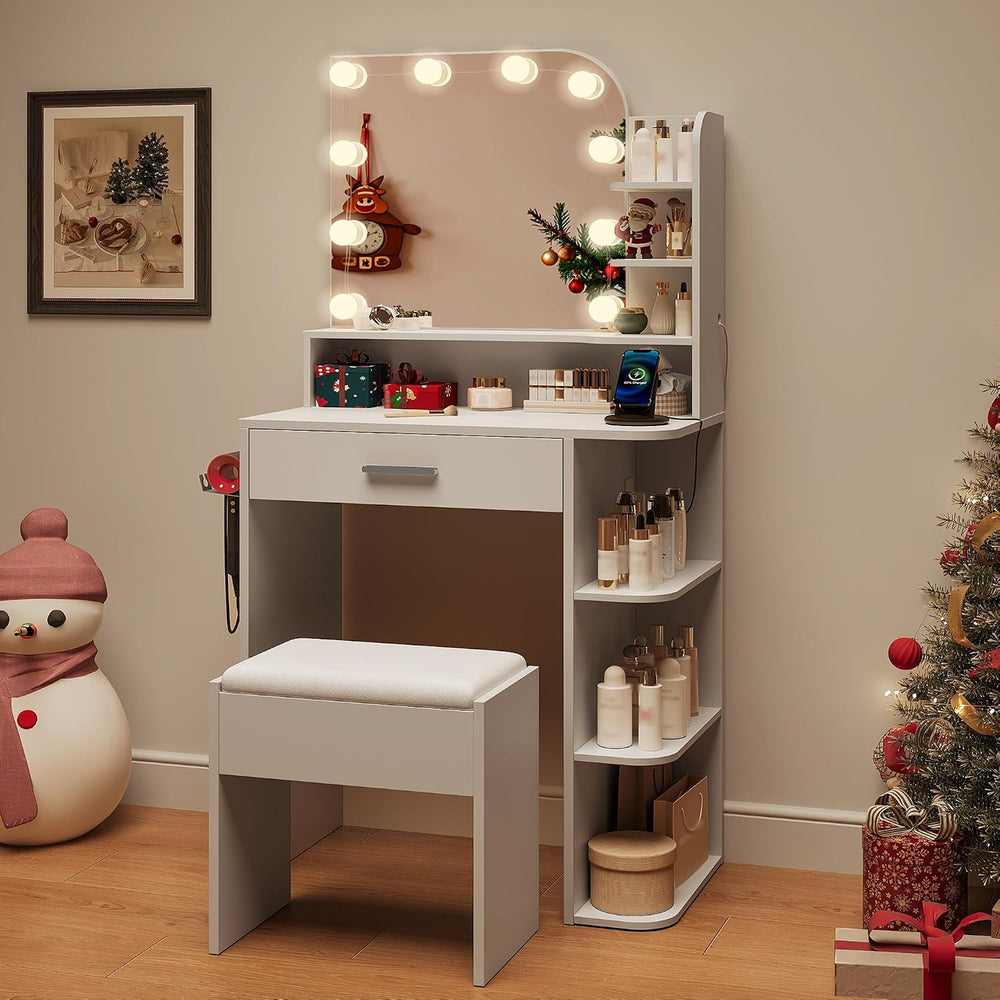 wanan Small Vanity, Set with Chair, Big Mirror & Lights, for Girls, White...