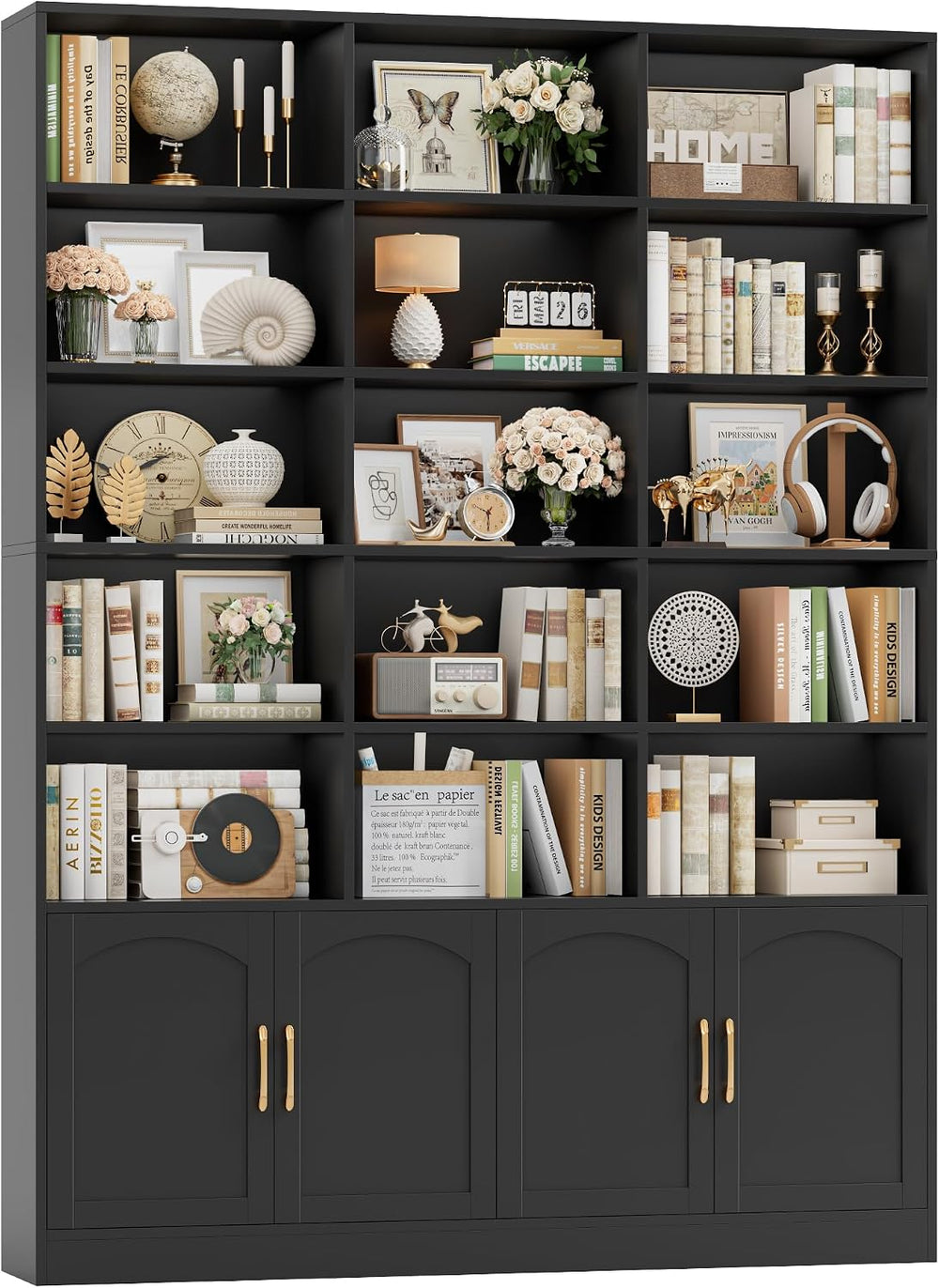 FACBOTALL 82.3" Triple Wide Bookshelf, Tall Bookcase with 4 Doors, Black