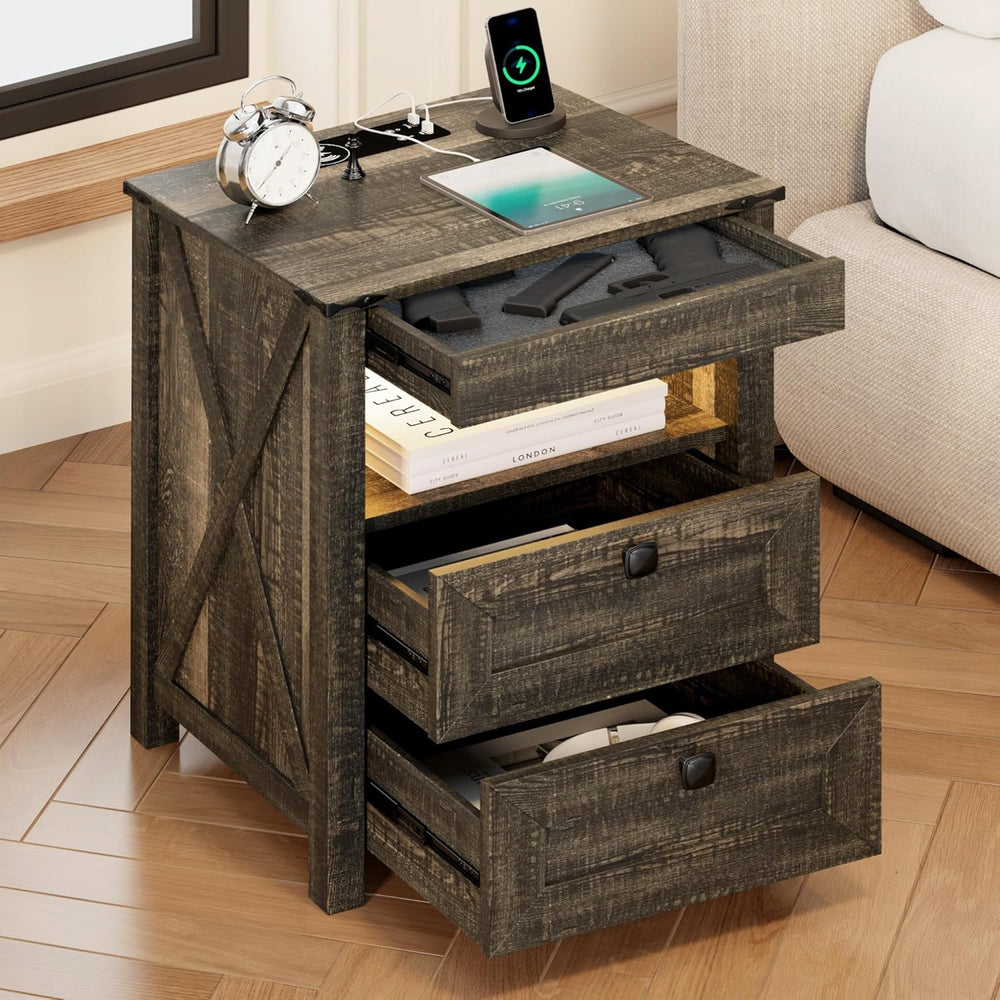 FREDEES LED Nightstand with Gun Drawer, Bedside Table with Charging Station f...