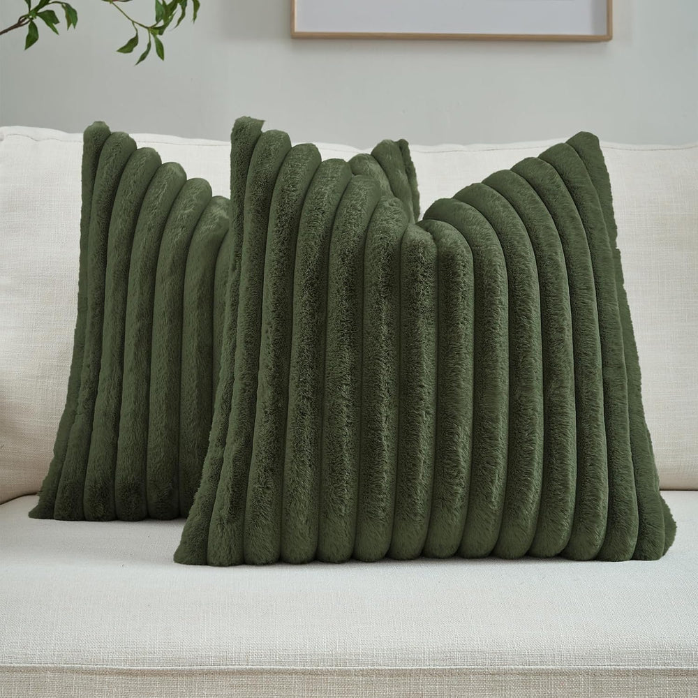 FUTEI Pack of 2 Faux Fur Throw Pillow Covers 28x28 Inch, Olive Green