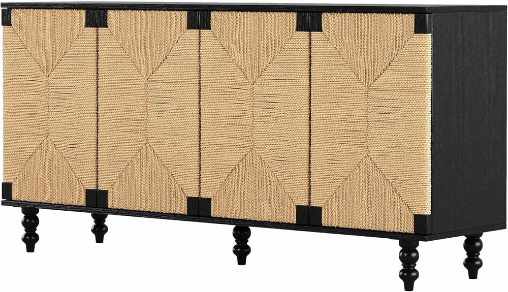 Handwoven Seagrass Doors Sideboard, 59 Inch Boho TV Stand Media Console Buffe...