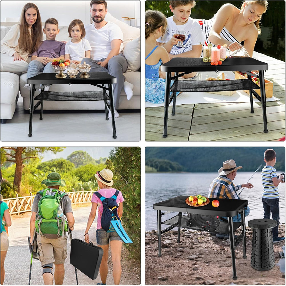 Folding Table and Stool, Small, Black, 4 Foot Outdoor Portable Table, Adjusta...