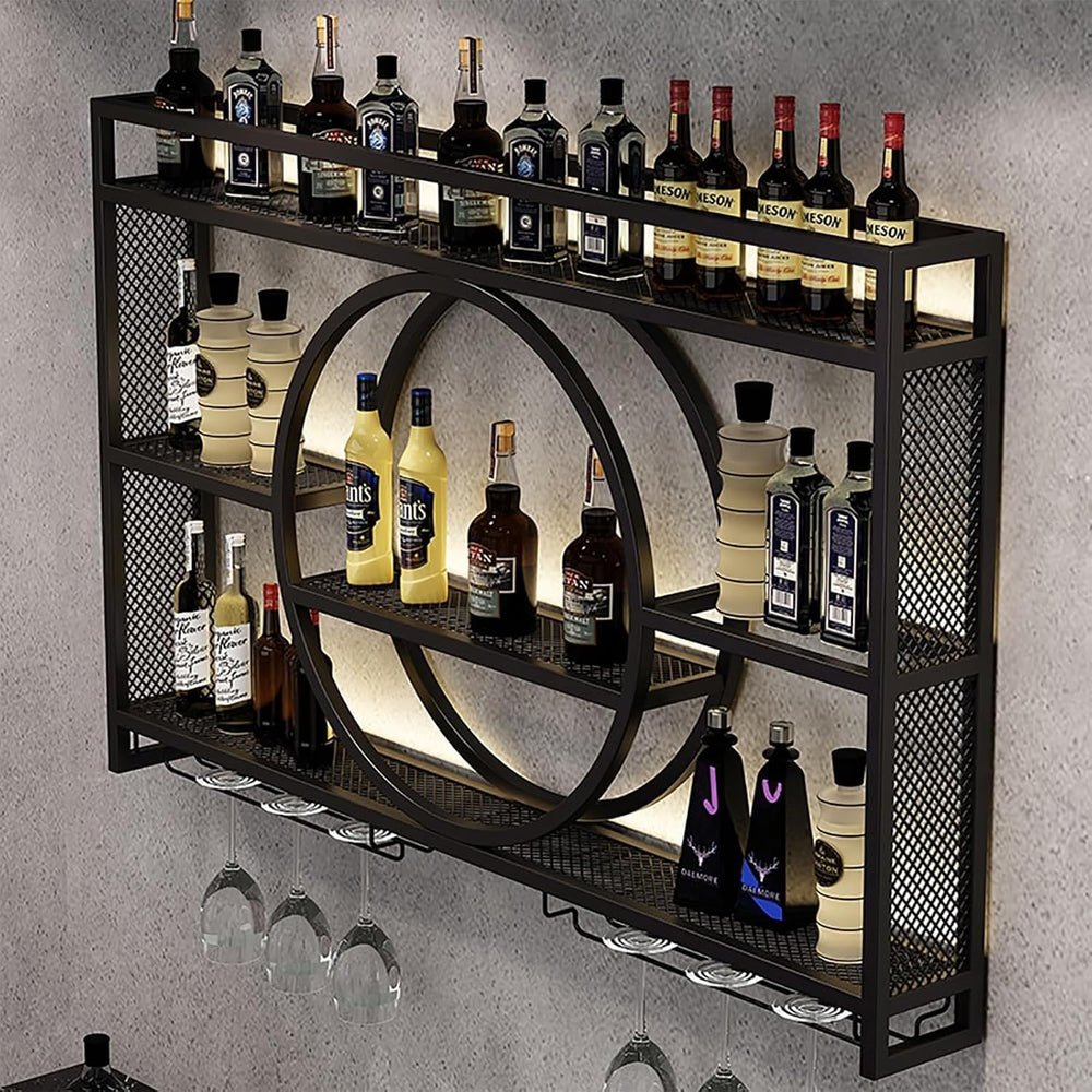 Wall Mounted Wine Rack, Metal Floating Bar Shelves with Wine Glass Holder, Mi...