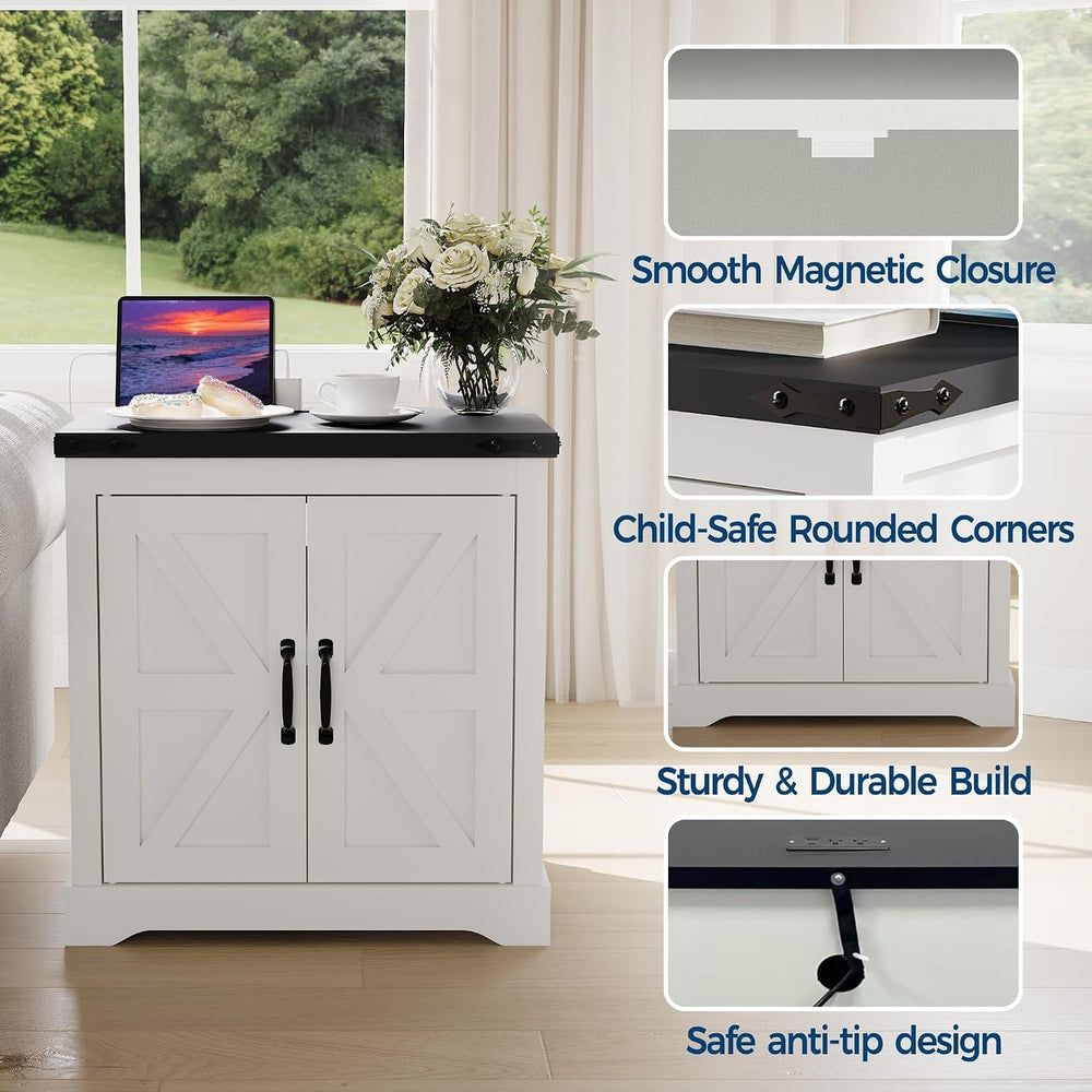 Takywep 24" White Farmhouse Side Table with USB Charging Station, Large ...
