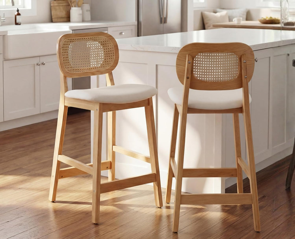 EALSON Counter Height Bar Stools Set of 2 Rattan Back Farmhouse Barstools Mid...