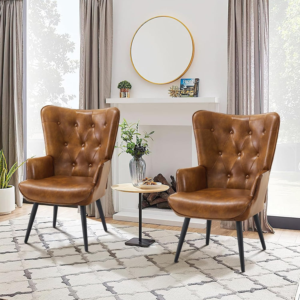 Furnimart Accent Chairs Set of 2, Brown PU Leather Reading Armchair with High...