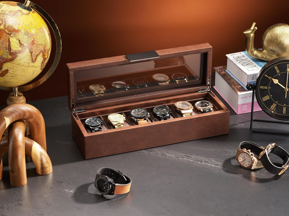 Glenor Co 6 Watch Box for Men - Mens Watch Case w Glass Lid – Luxury Mens Wat...