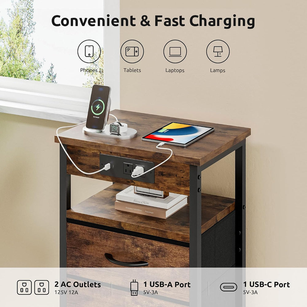 Lazzanto Night Stand with Charger Station for Bedroom, Brown Nightstand | Bed...
