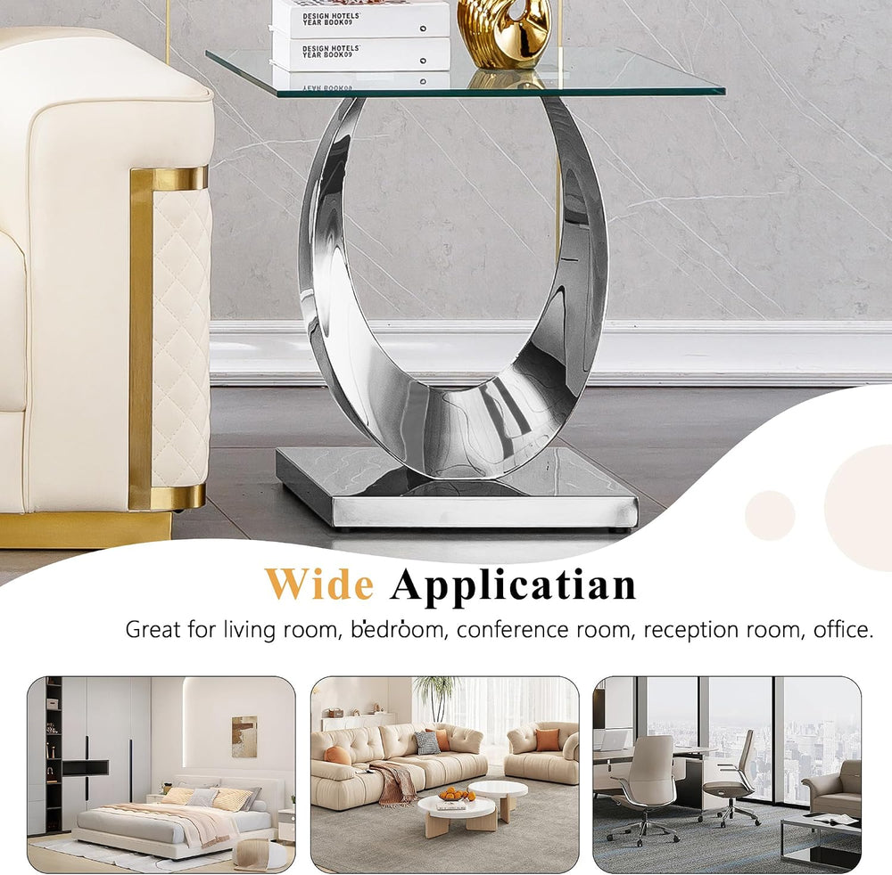 Modern Square End Table for Living Room, Tempered Glass Top & Moon Shape ...