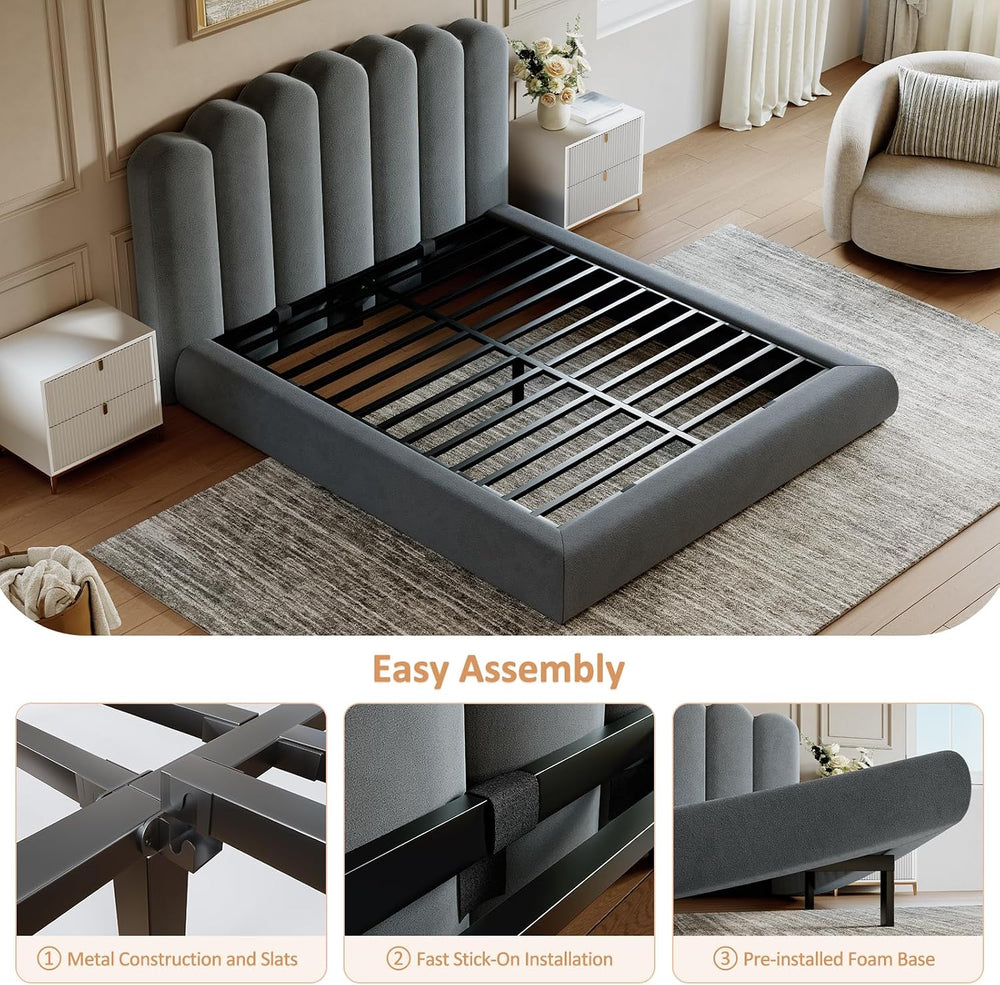 Queen Size Cloud Bed Frame with Wave Headboard, Plush Foam Upholstered Platfo...
