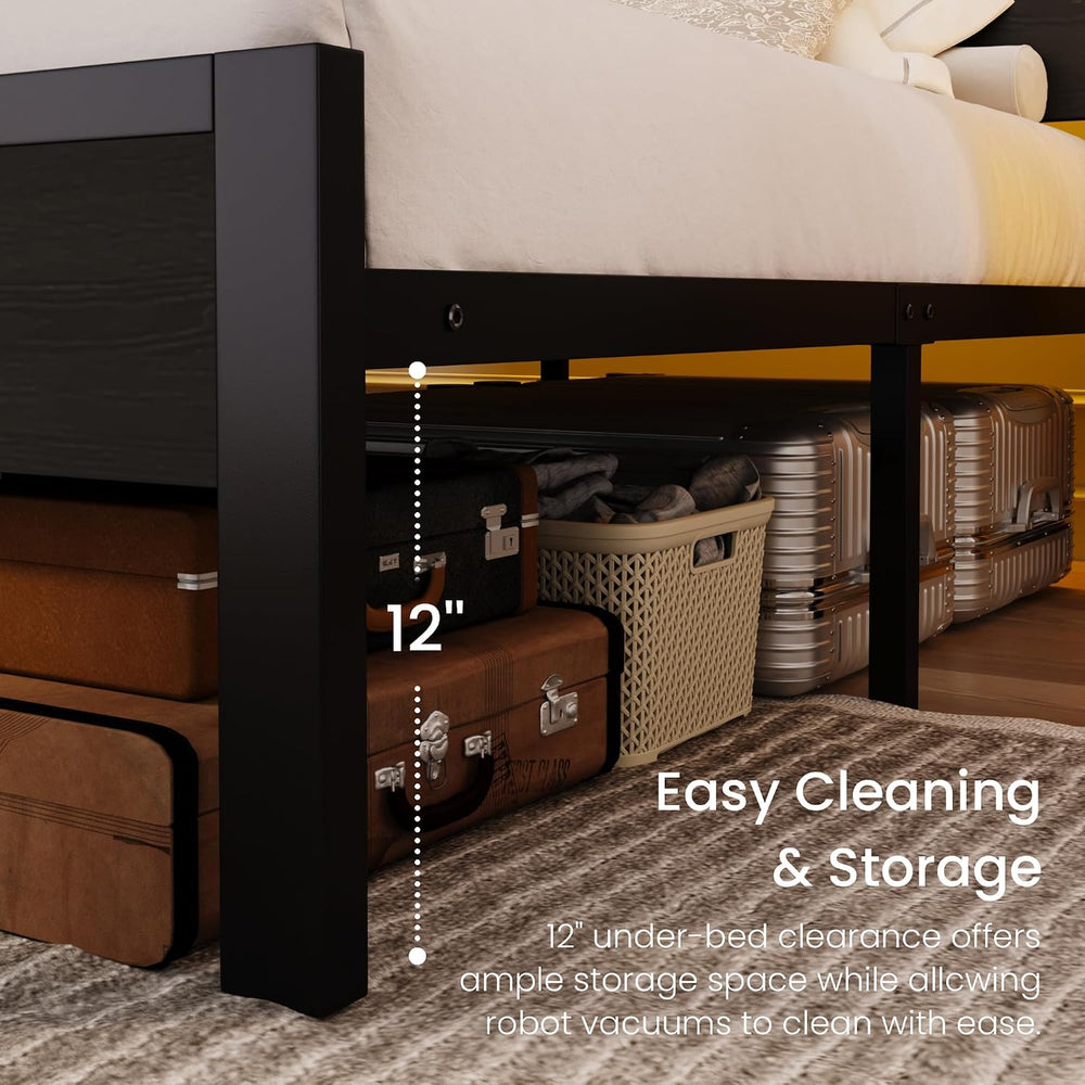 SHA CERLIN Twin Size Bed Frame, Led Light, Charging Station, Storage Shelf