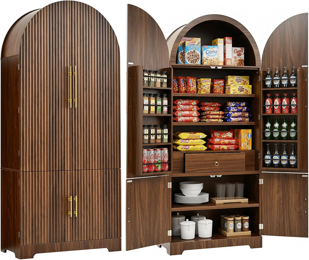 72" Tall Arched Kitchen Pantry Cabinet with 3 Adjustable Shelves, Fluted...